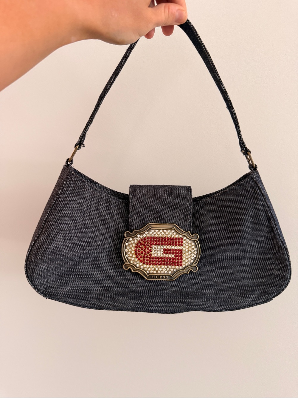 Vintage Y2K Guess Denim Mini Shoulder Bag with Rhinestone Logo
